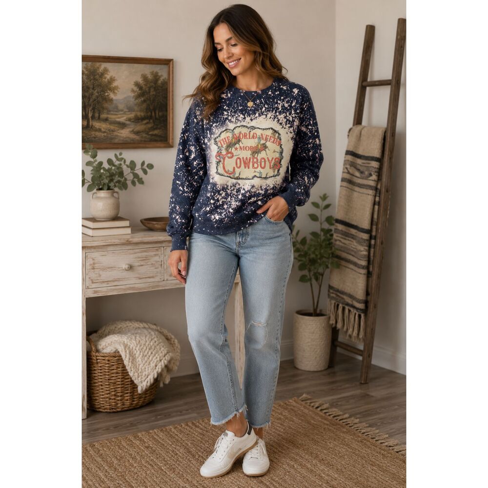 Bleached Cowboy Graphic Sweatshirt Small Western Grunge Pullover Navy Crewneck